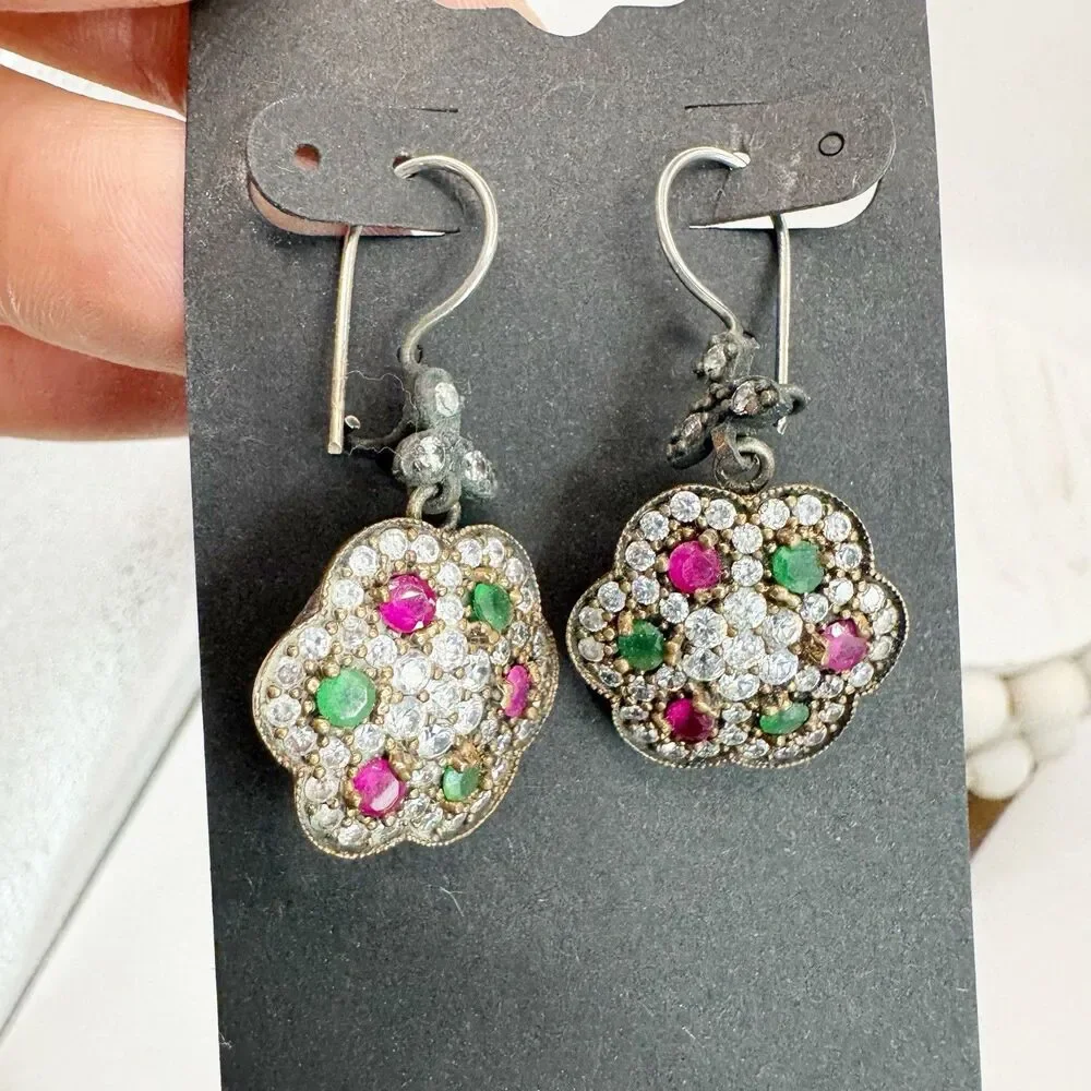 Ruby And Emerald Sterling Silver And Brass Turkish Flower Earrings And Pendant